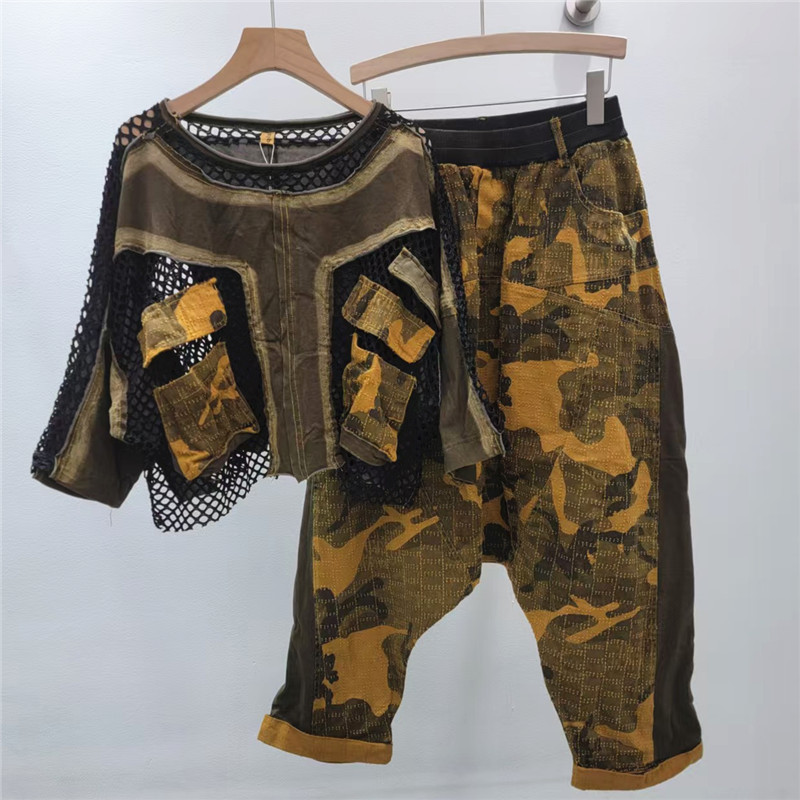 Fishing Net - 女性漁網スプライシング迷彩コントラストカラーメッシュ Tシャツヴィンテージガーゼ Tシャツ中空クロップトップス + ハーレンパンツ 2