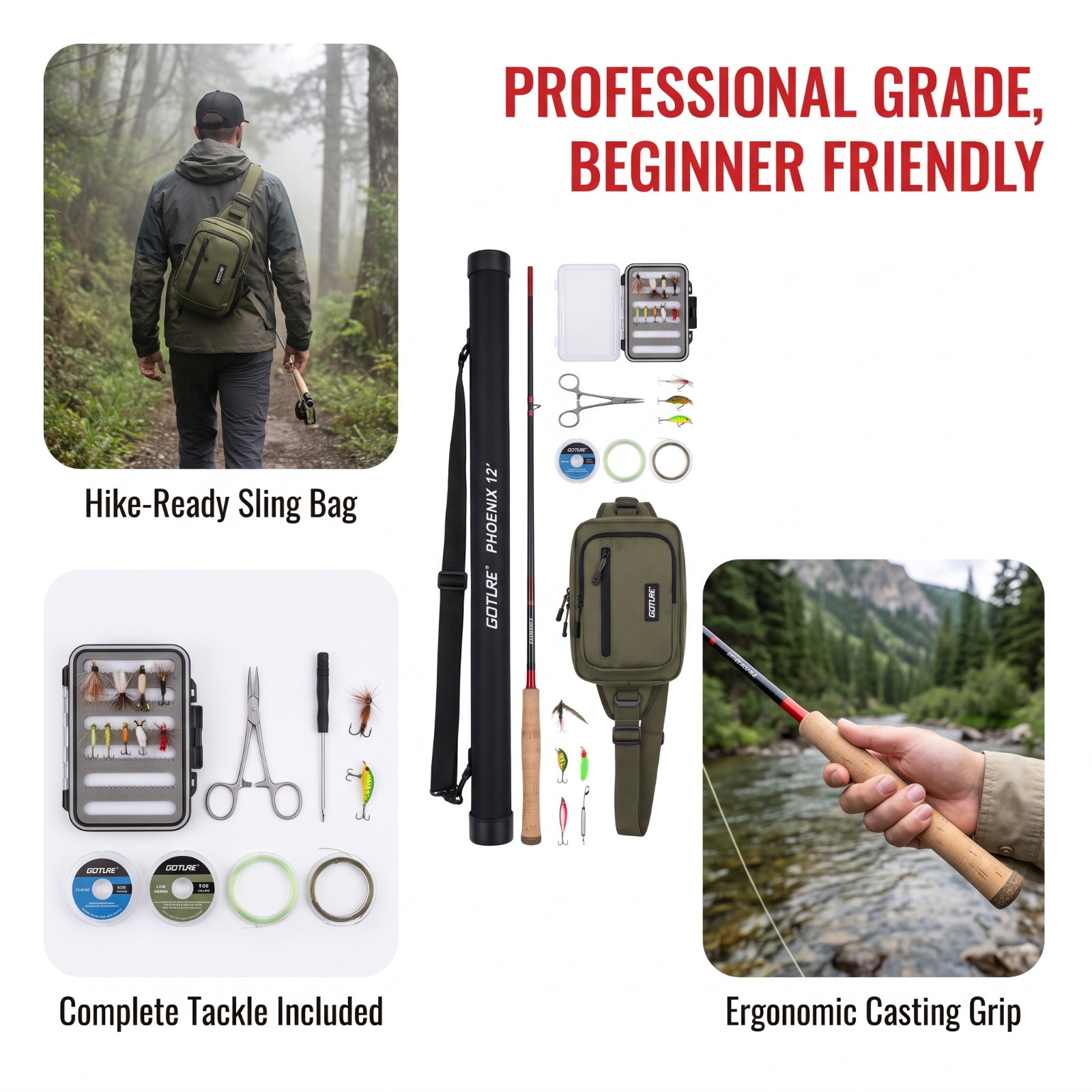 Fly Fishing Set - Goture 12FT 3.6M テンカラフライフィッシングロッドセット コンプリートタックルキット バックパック付き