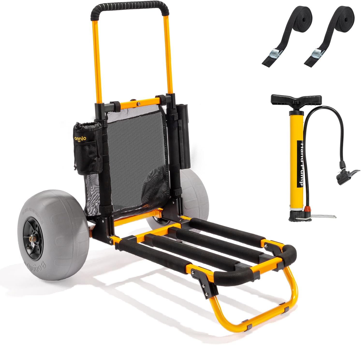 Rod Holder Fishing - ボンロービーチフィッシングカート、12インチ大型バルーンホイール付きビーチワゴントロリー、折りたたみ式、オレンジ色、アルミフレーム＆ハンドル、23インチ×15インチのカーゴデッキ、釣り竿＆水筒ホルダー、メッシュバッグ、ハンドポンプ