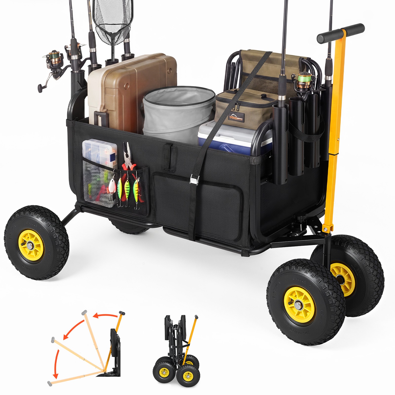 Rod Holder Fishing - Uimoso 折りたたみ式ビーチフィッシングカート、耐荷重300ポンド、炭素鋼、11インチホイール