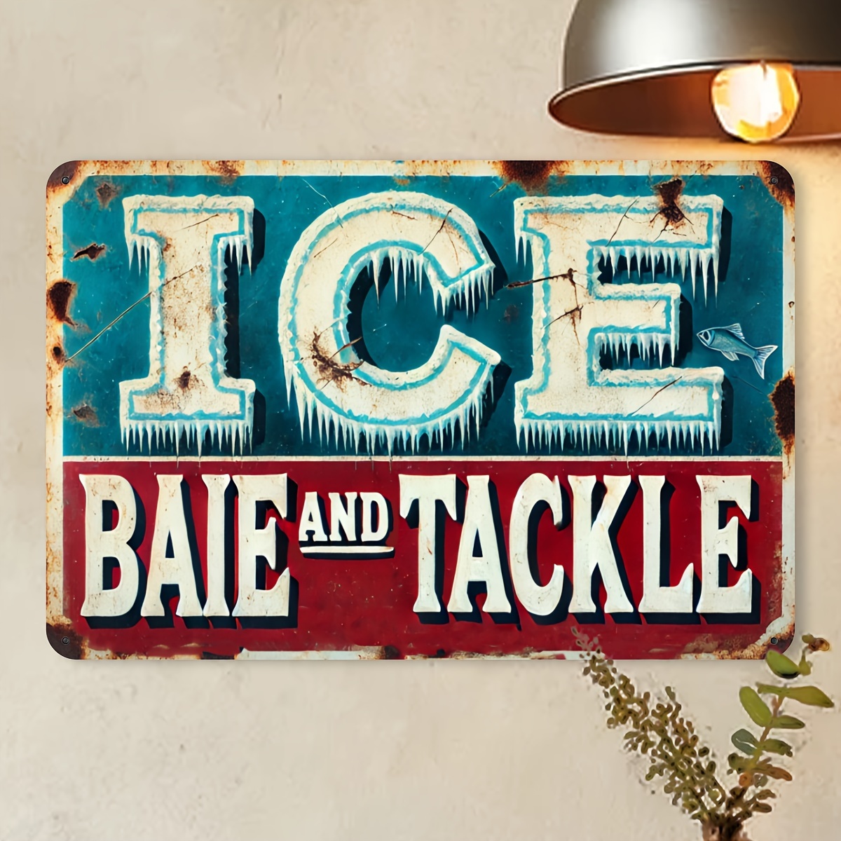 Fishing Equipment - ヴィンテージスタイルの「ICE Bait and Tackle」レトロな釣りをテーマにしたアルミニウム製壁装飾サイン、風化した外観の金属製プラーク、バー、ガレージ用